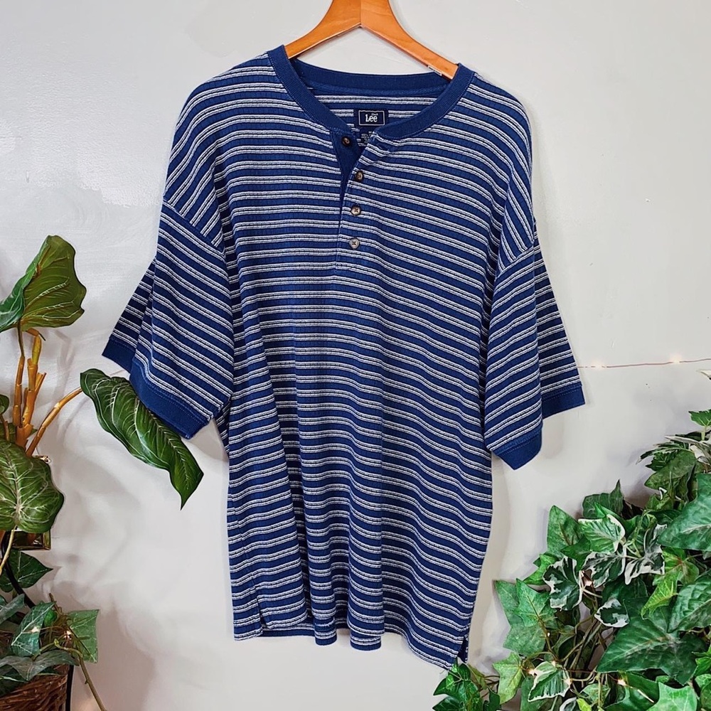 90s Lee Blue & White Striped Oversized Short Sleeve Henley